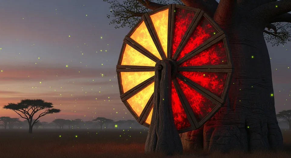 Baobab Wheel game — wooden fortune wheel on a baobab trunk