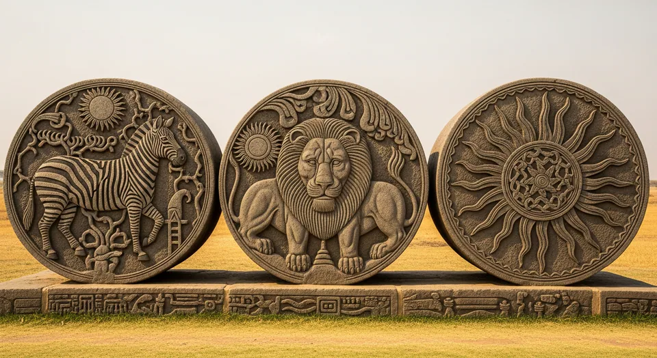 Savannah Drums game — stone drum reels with lion and sun carvings