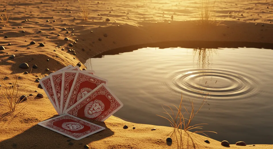 Watering Hole Flip game — lion-crest cards at a watering hole